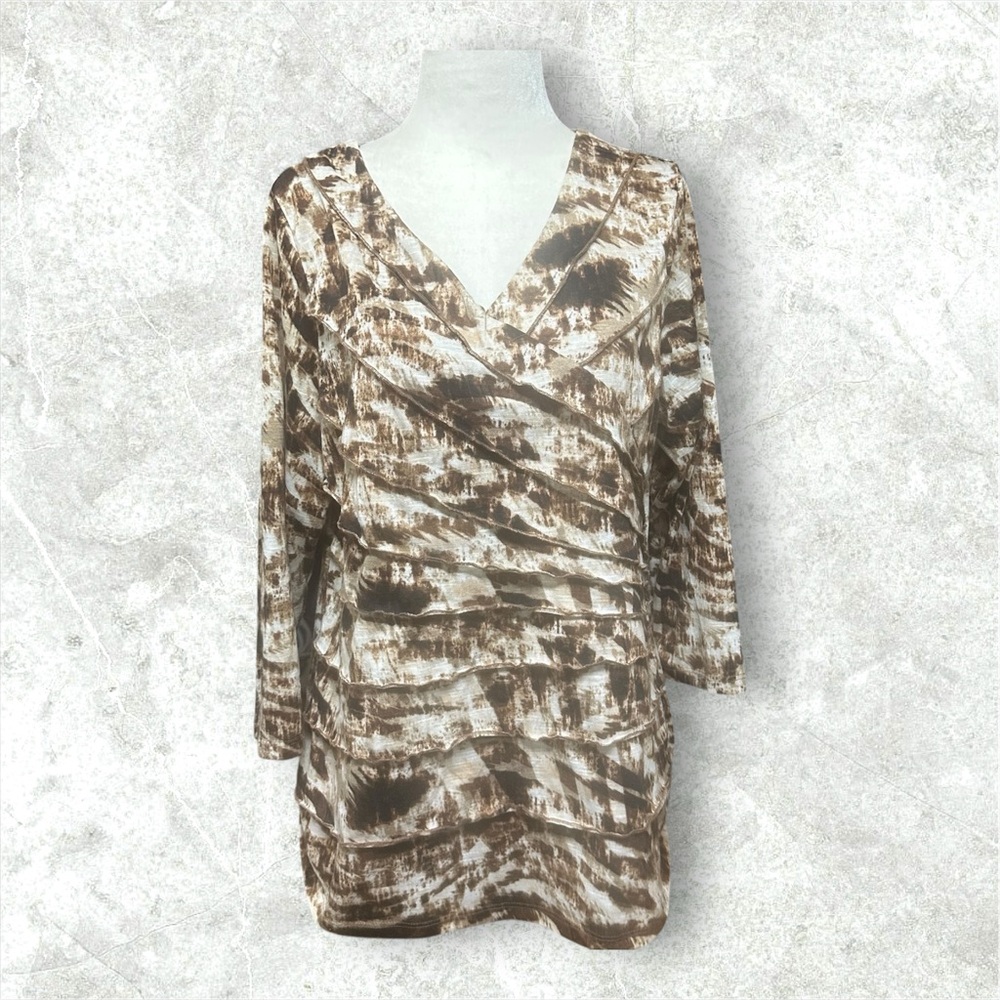 Allison Daley Brown and Cream Tie-Dye Layered v-Neck Top M